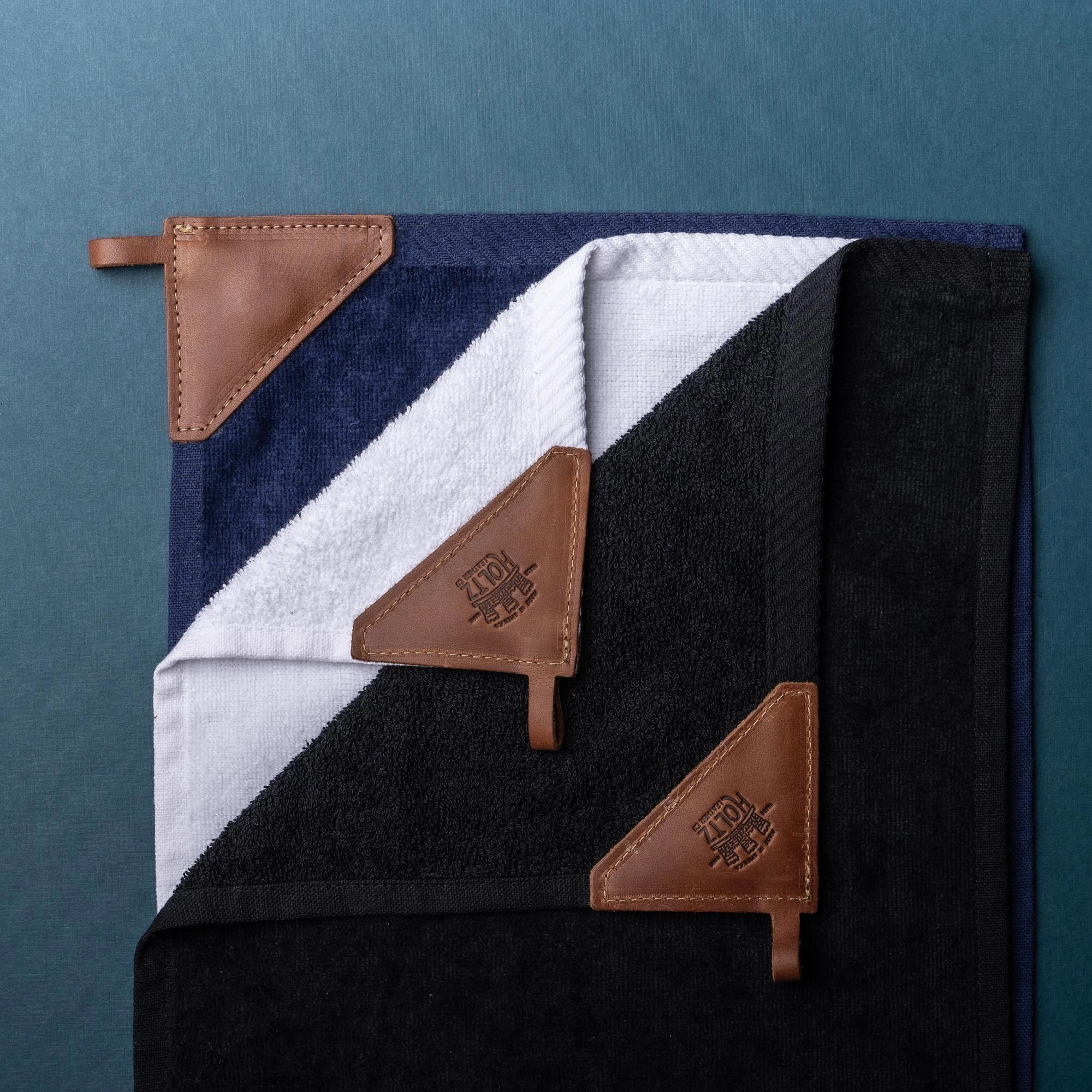 Your Logo   Our Leather - Personalized Fine Leather Tabbed Golf Towel with Magnet & Carabiner - Custom Logo and Corporate Gifting